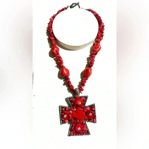 Southwest turquoise & coral gemstone cross pendant - Picture 3 of 3